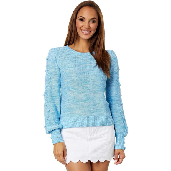Lilly Pulitzer Sweaters - Lilly Pulitzer Attie Sweater Aqua Palma Marl Bauble Accented Puff Blouson Sleeve